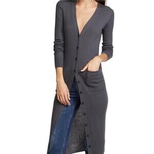 Vince Shadow Gray Cashmere Ribbed Duster Longline Midi Cardigan Sweater